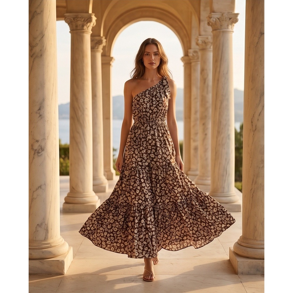 PRETTYGARDEN M One Shoulder Floral‎ Tiered Maxi Dress Brown White Boho NWT